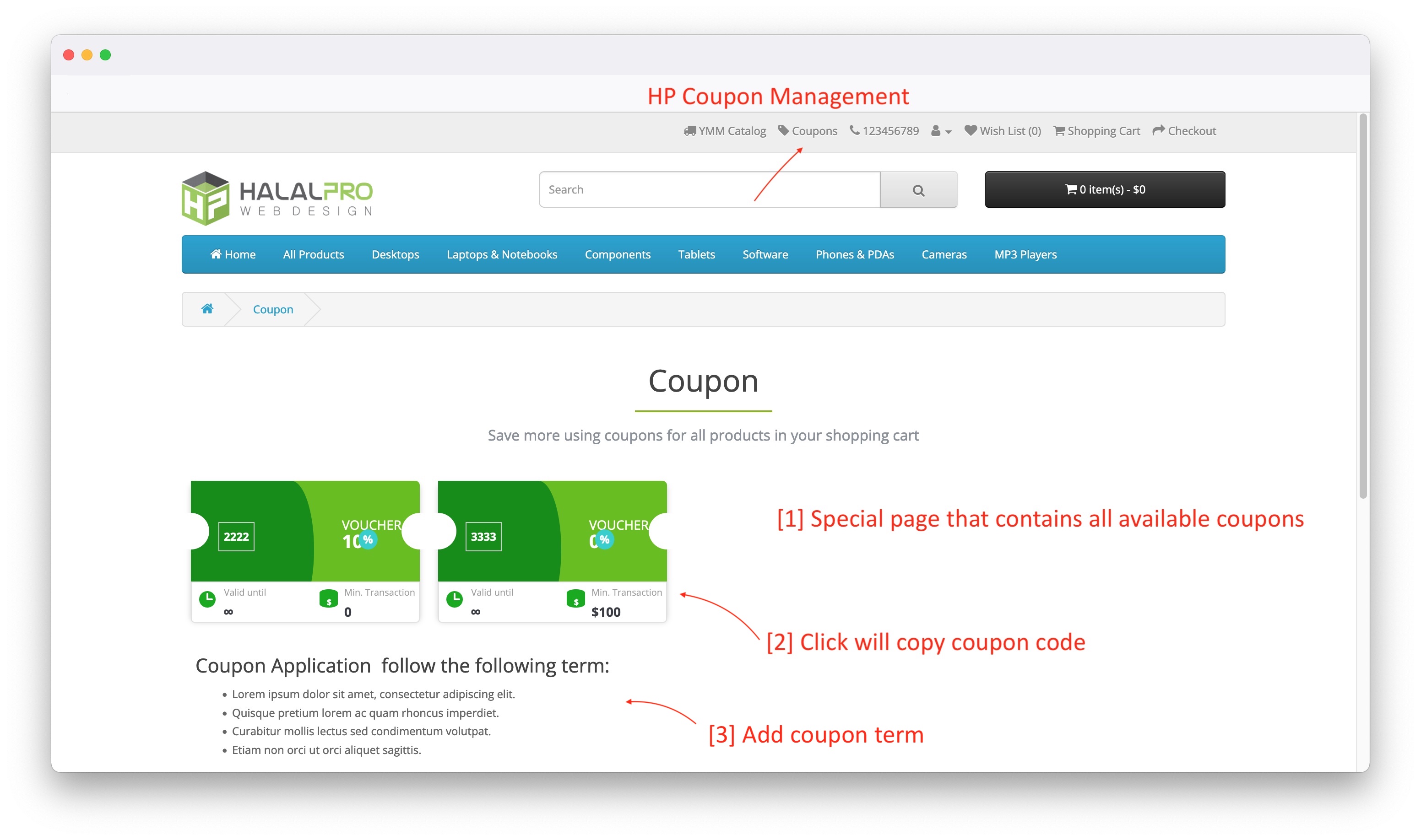 special page that displays all coupon on opencart store
